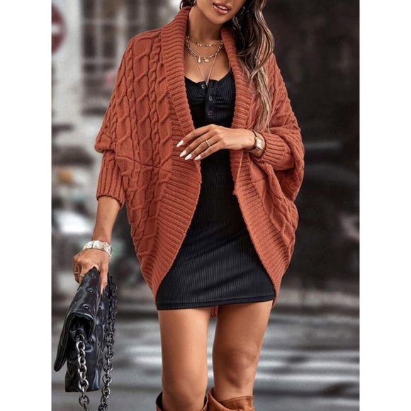 SOLD OUT Burnt Orange Cable Cocoon Collared Knit Cardigan Open Wrap Casual - Picture 3 of 3